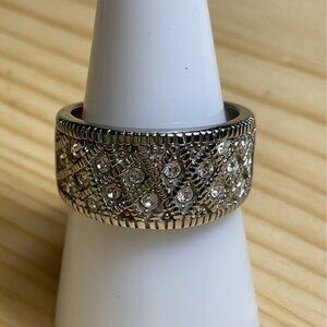 Wide Silver Rhinestone Band Ring Textured Design